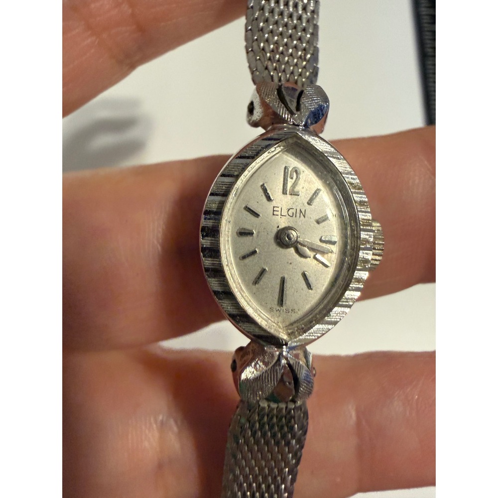 Vintage Elgin Swiss Cocktail Watch 10K RGP Bezel Silver Tone Mesh Band Oval Face